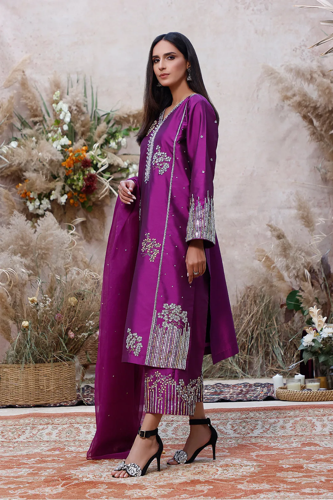 Handwork Embroidered Lychee Silk 3pc Suit | MEHRU | S202308