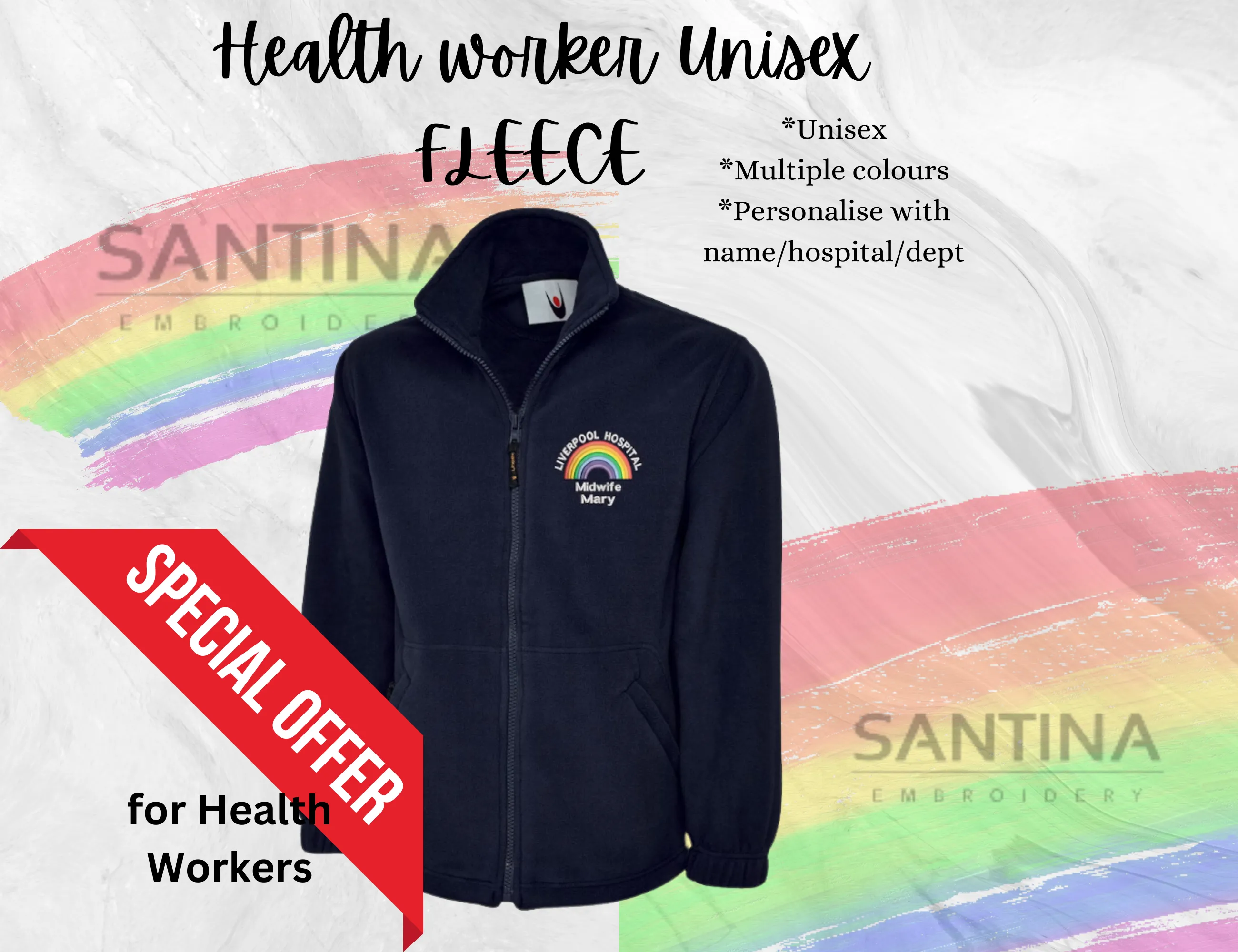 Healthworker custom UNISEX full zip FLEECE jacket, customised with your name/location/role