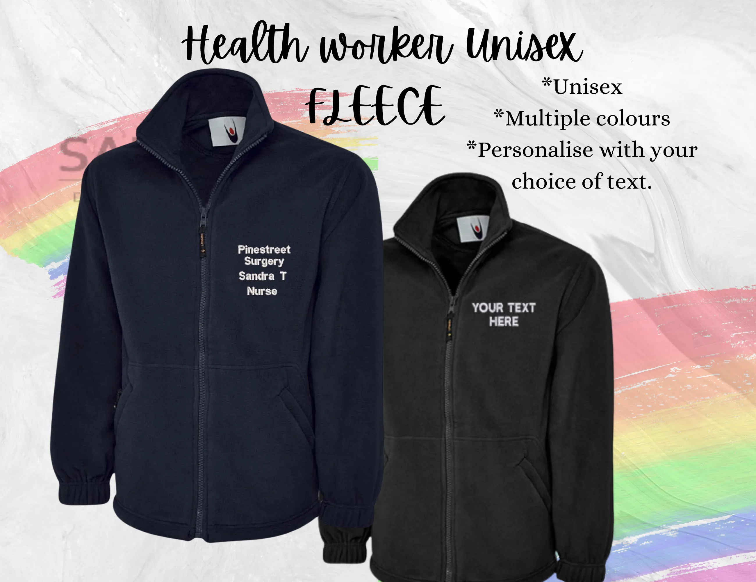 Healthworker custom UNISEX full zip FLEECE jacket, customised with your name/location/role