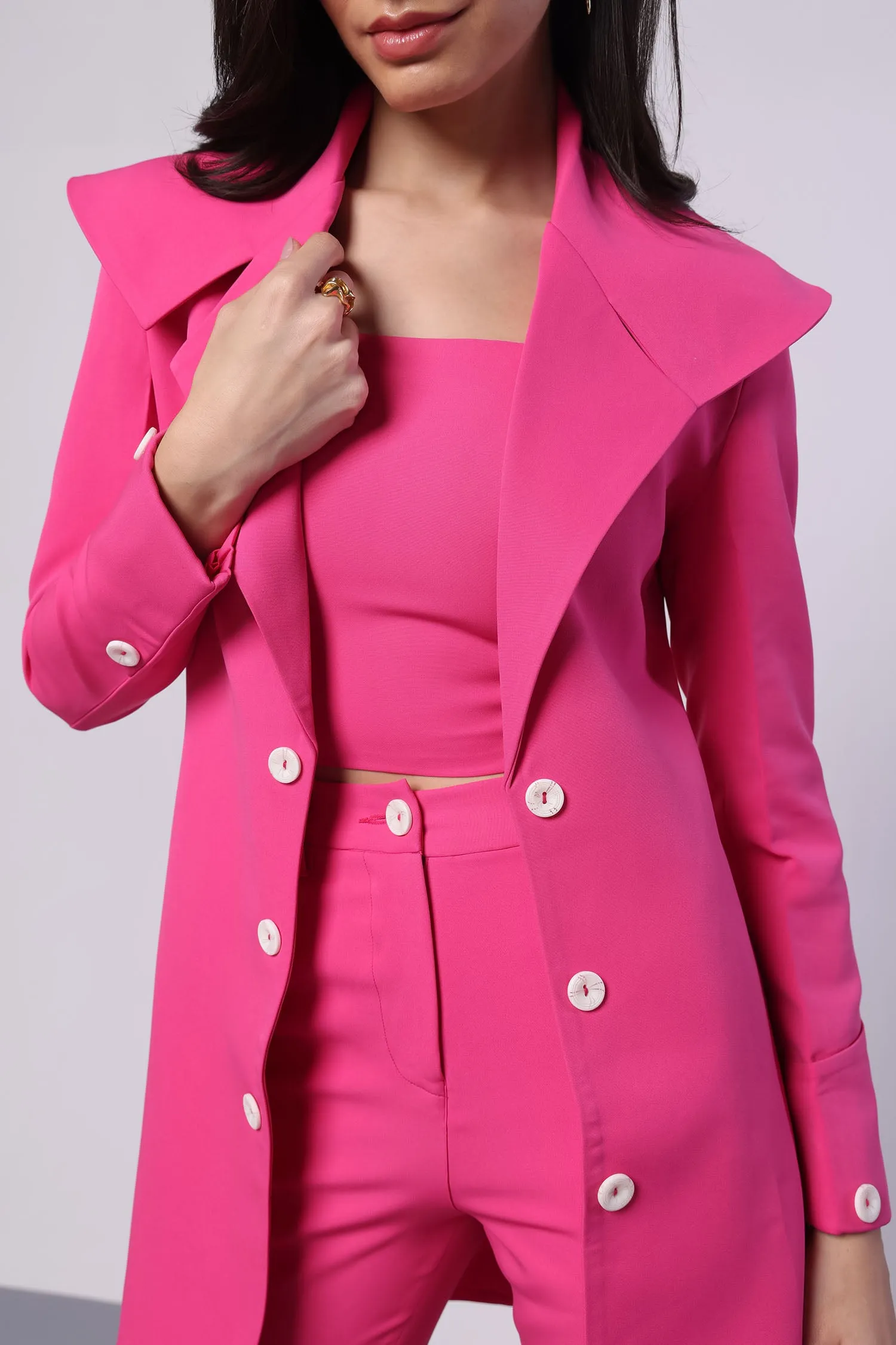 Hot Pink Trench Coat with Crop Top and Pants