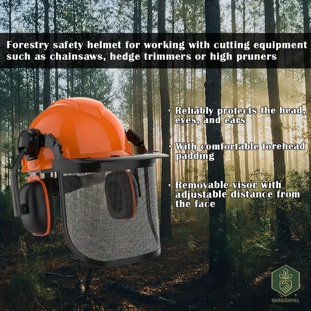 Industrial Forestry Safety Helmet And Hearing Protection System, With Mesh Face Protection, Safety Helmet With Ear Muffs, Chainsaw Helmet, Chainsaw Face Shield, Arborist Helmet, (Orange)