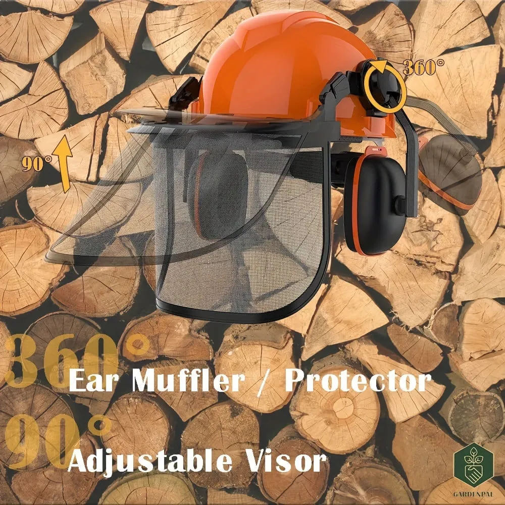 Industrial Forestry Safety Helmet And Hearing Protection System, With Mesh Face Protection, Safety Helmet With Ear Muffs, Chainsaw Helmet, Chainsaw Face Shield, Arborist Helmet, (Orange)