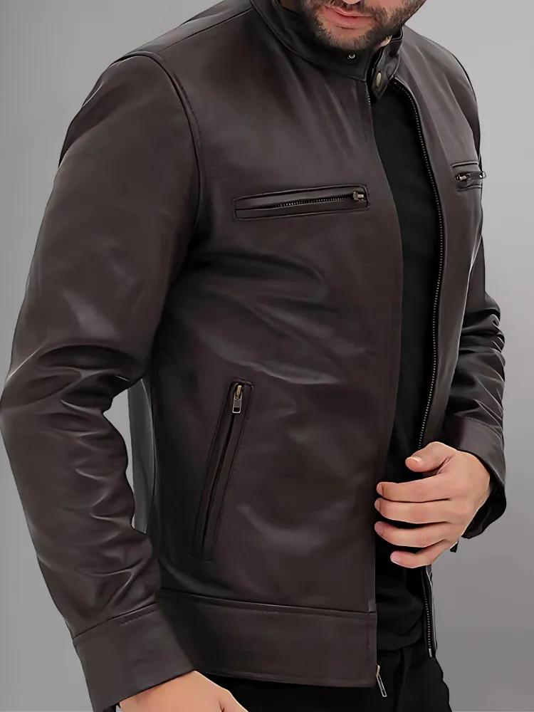 Jason Beghe Brown Real Leather Biker Jacket Men