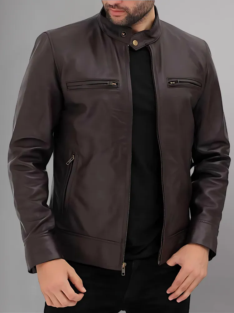 Jason Beghe Brown Real Leather Biker Jacket Men