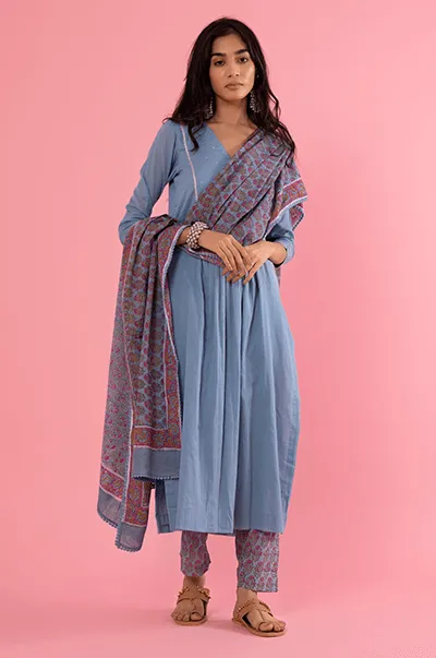 Kapaas (Blockprinted Cottons) Solid Blue Mukaish Kurta with hand block print Pants and Blue Printed Dupatta- Set of 3