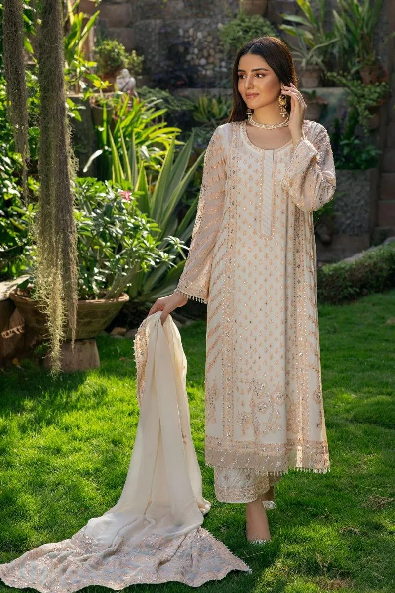 Khayal BY SHAISTA HASSAN - Off-White and Orange - Pure chiffon - 3 Piece