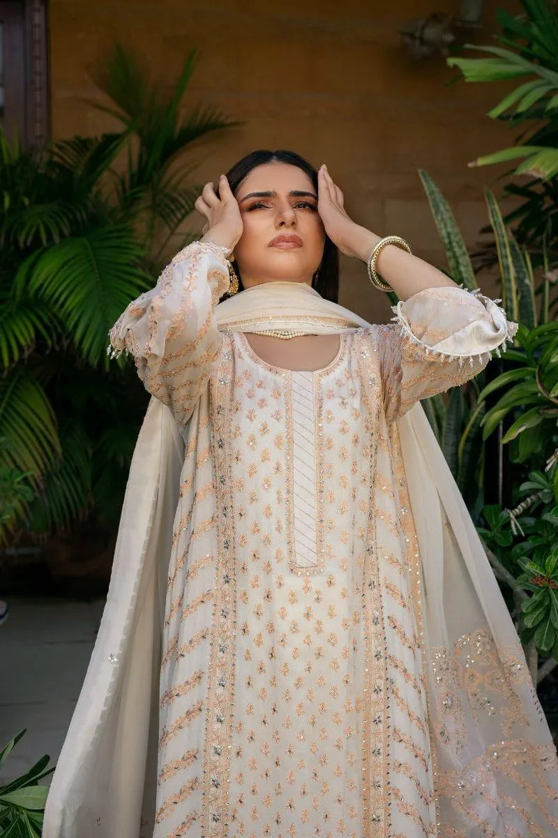 Khayal BY SHAISTA HASSAN - Off-White and Orange - Pure chiffon - 3 Piece