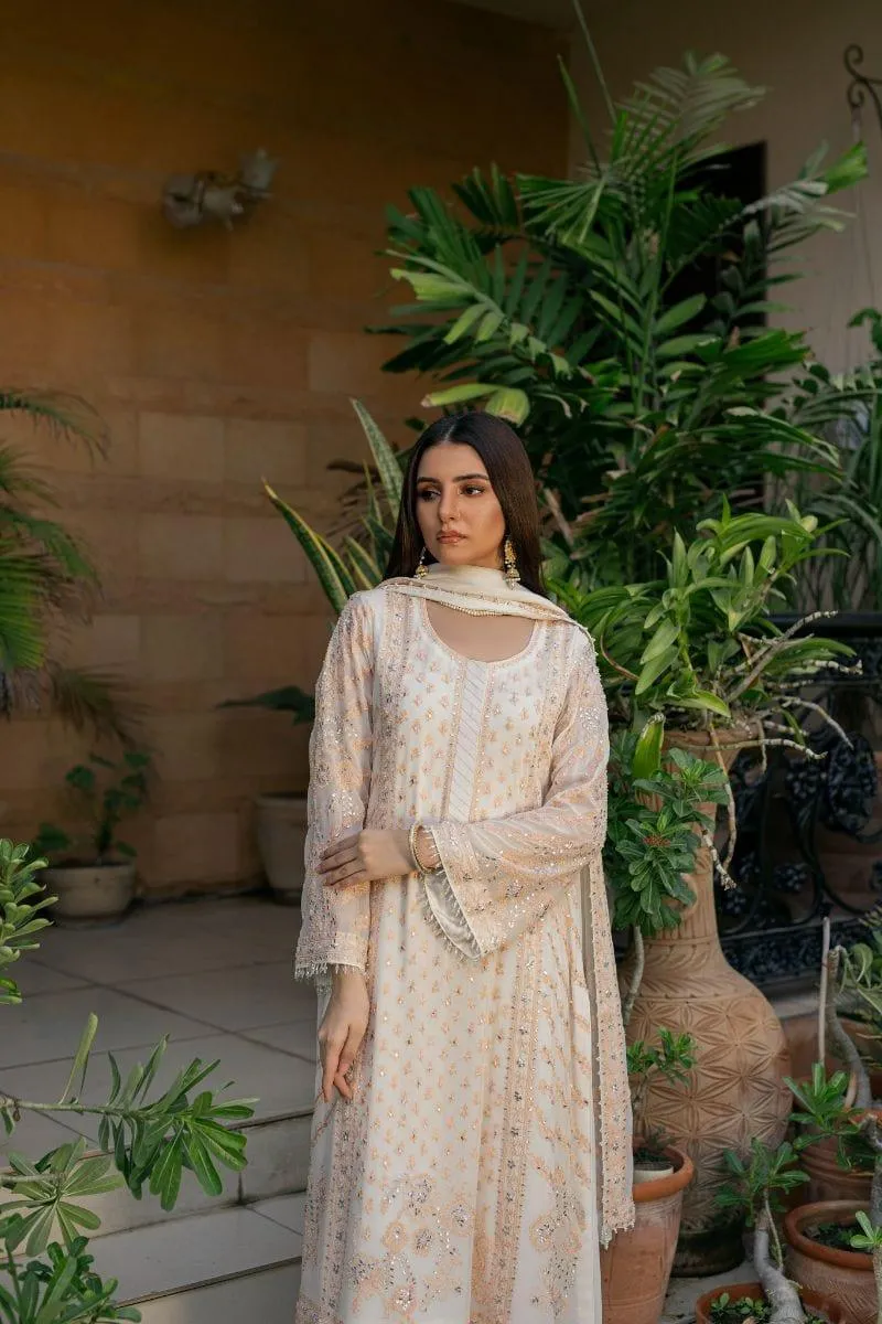 Khayal BY SHAISTA HASSAN - Off-White and Orange - Pure chiffon - 3 Piece