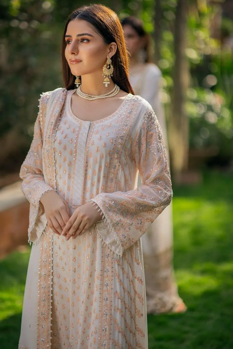 Khayal BY SHAISTA HASSAN - Off-White and Orange - Pure chiffon - 3 Piece