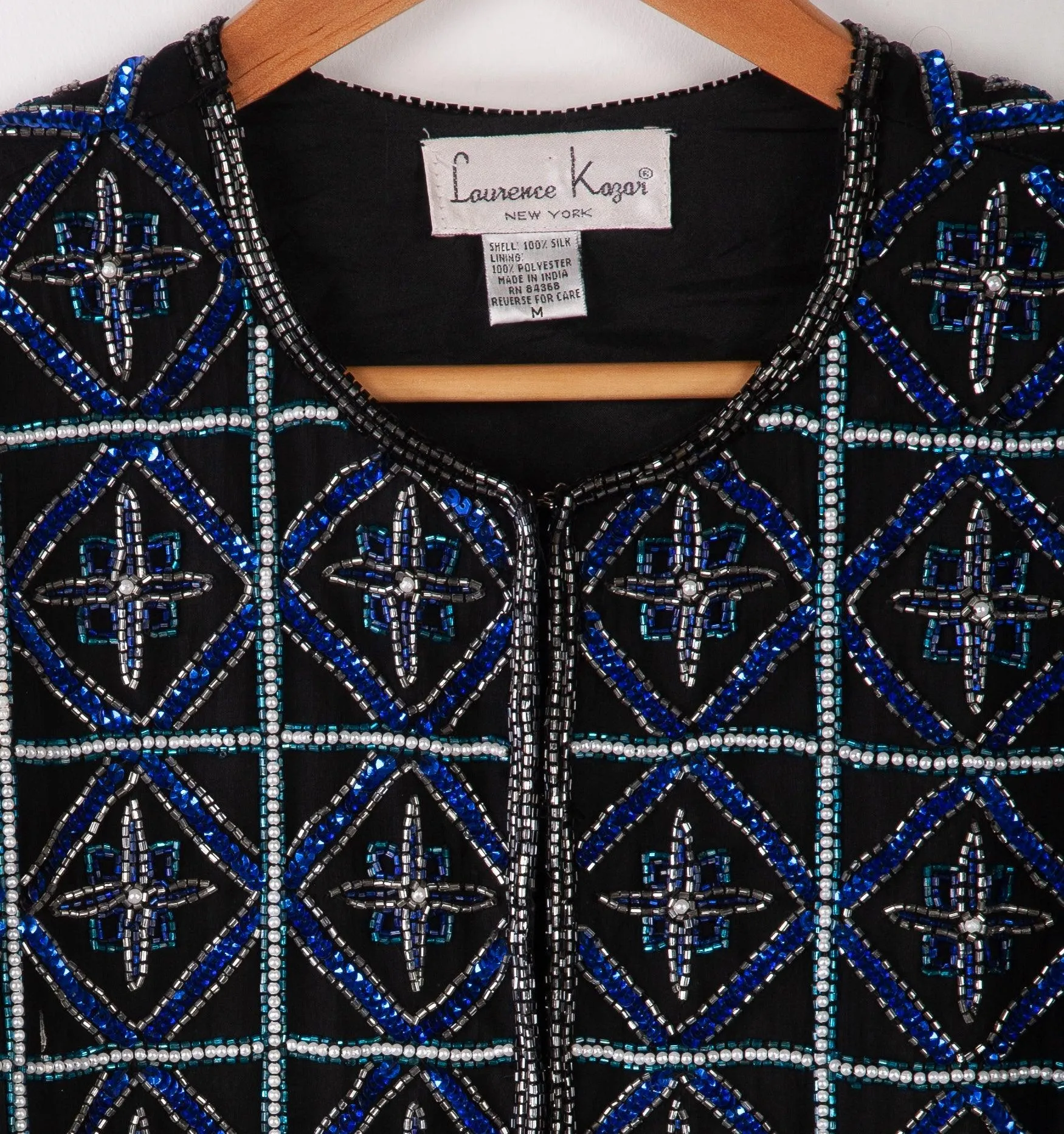 Laurence Kazar Beaded Jacket Black with Blue beading 100% Silk Size M