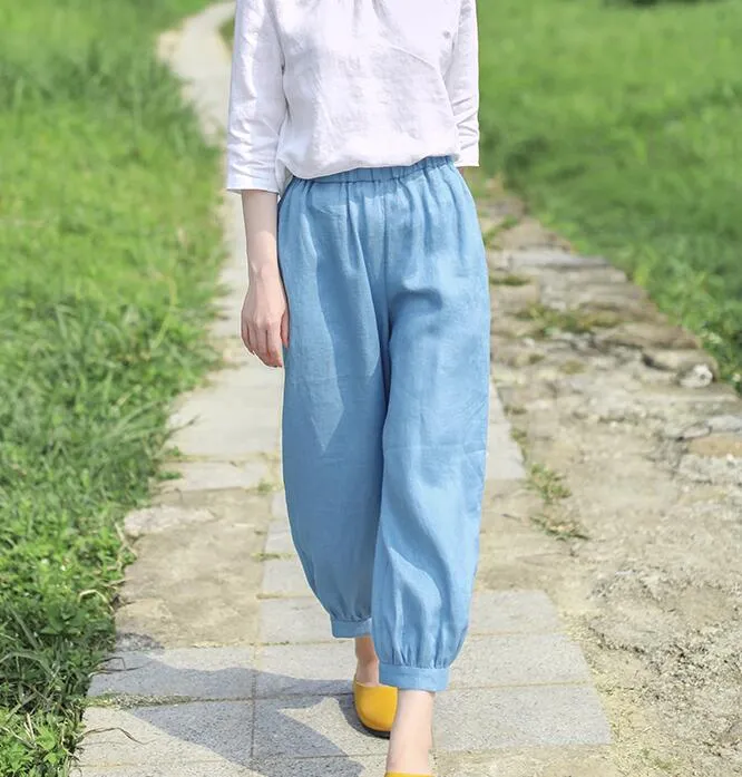 Light Blue Summer Loose Linen Wide Leg Women Casual Pants WG05131