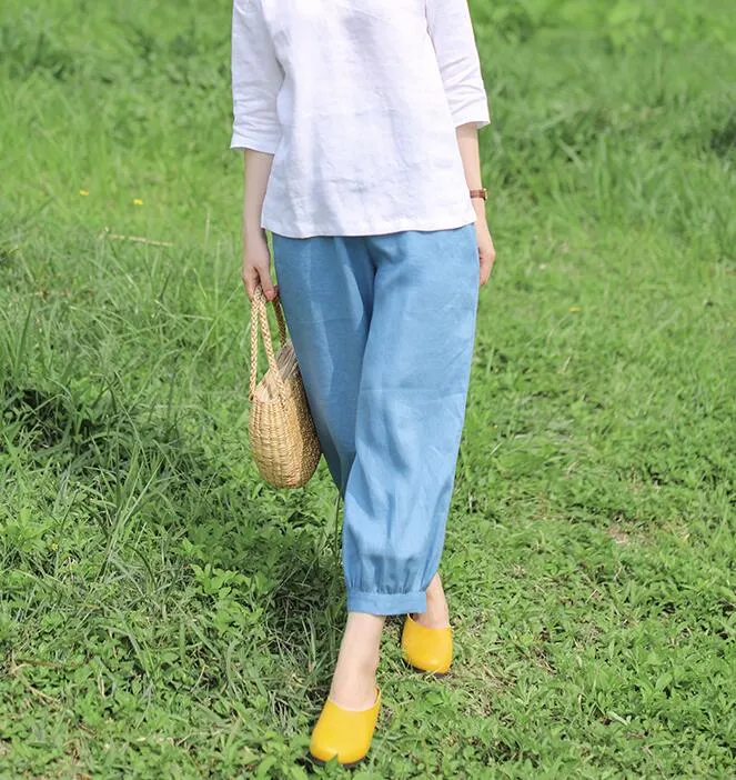 Light Blue Summer Loose Linen Wide Leg Women Casual Pants WG05131