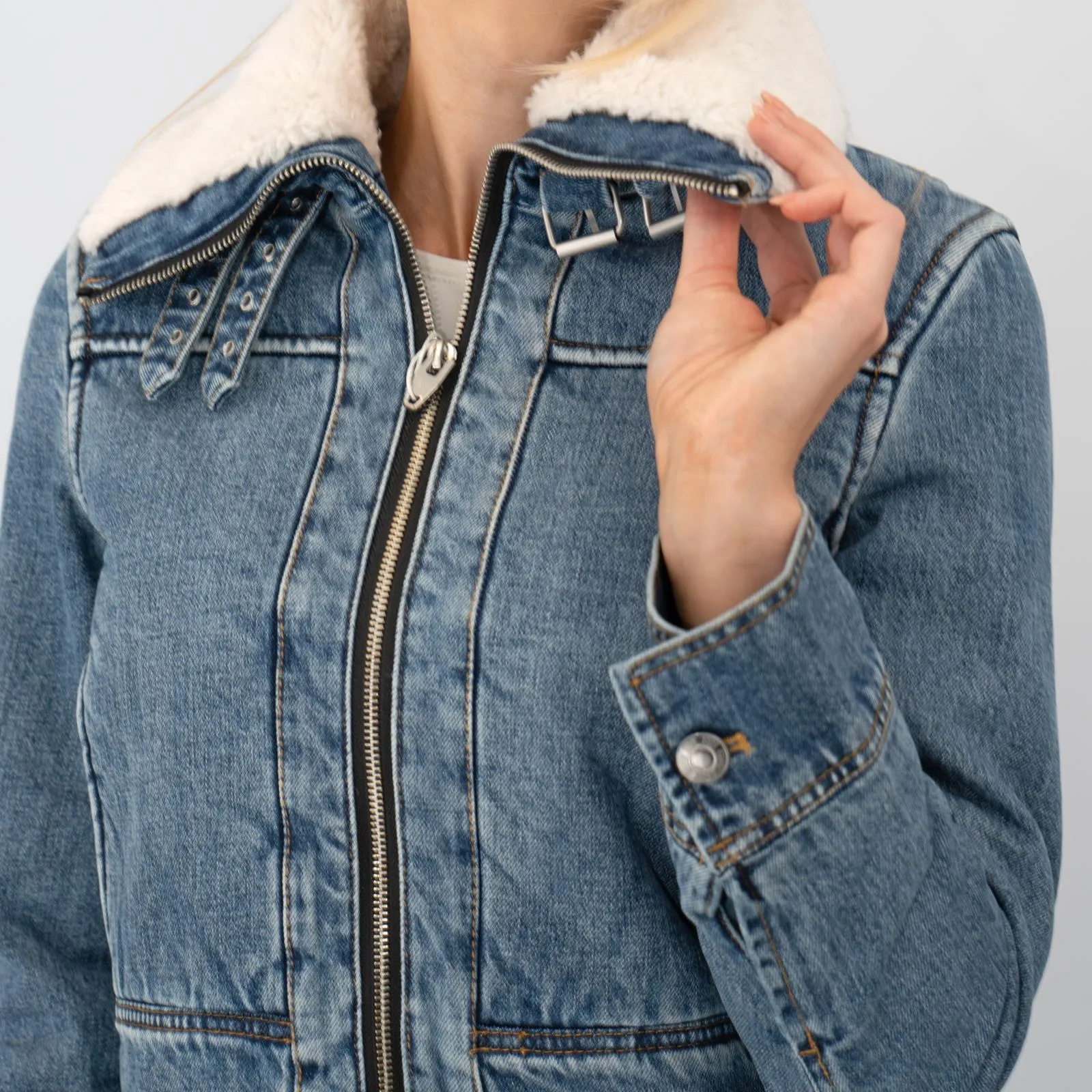 Mango Womens Shearling Denim Jacket