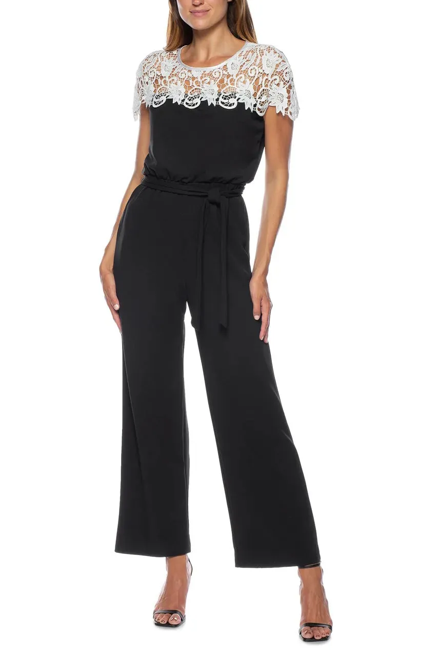 Marina Illusion Boat Lace Neck Elastic Tie Waist Keyhole Zipper Back Stretch Crepe Jumpsuit