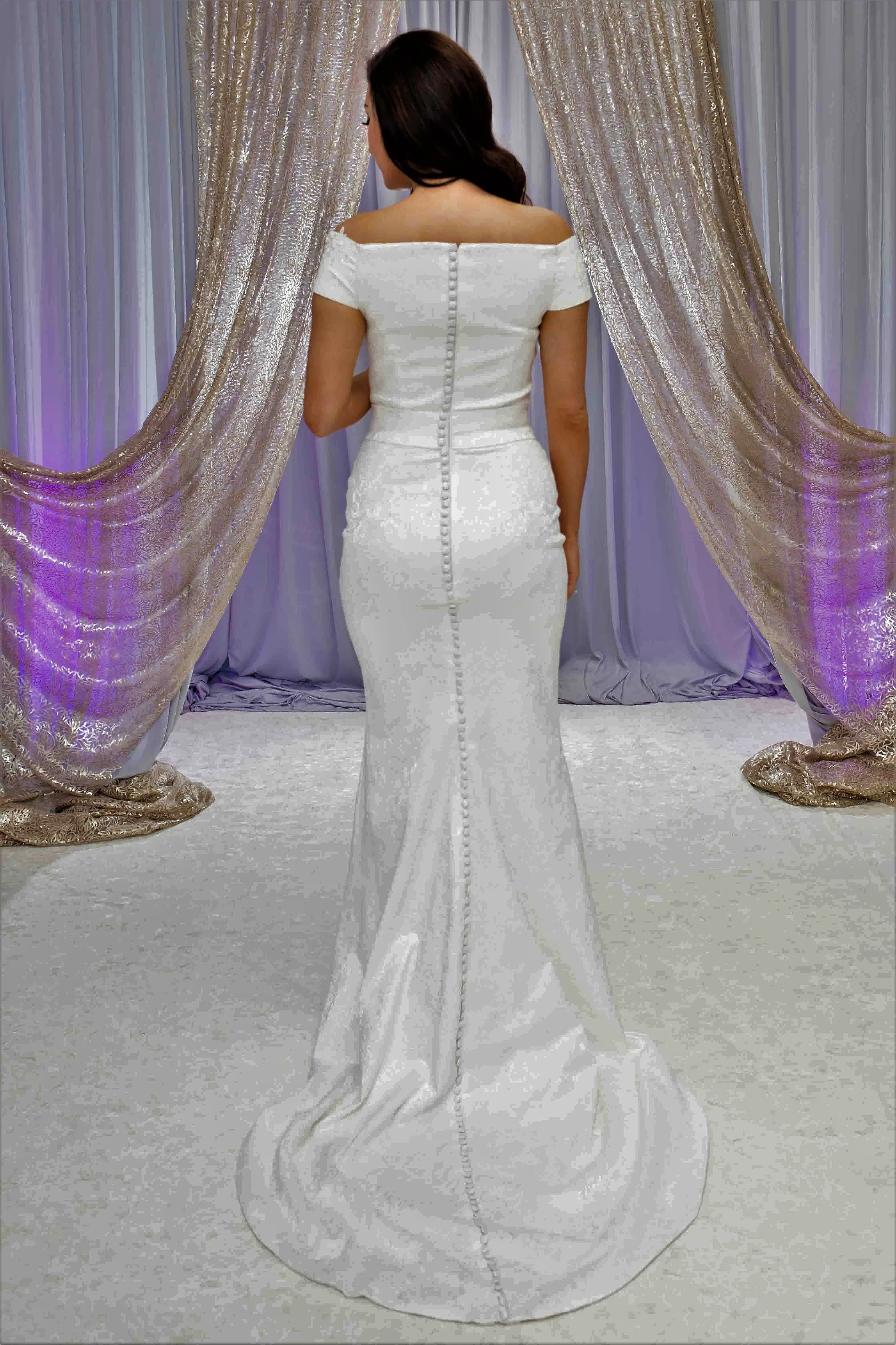 MEGHAN Off The Shoulder Fitted Sheath Royal Jacquard Bridal Gown