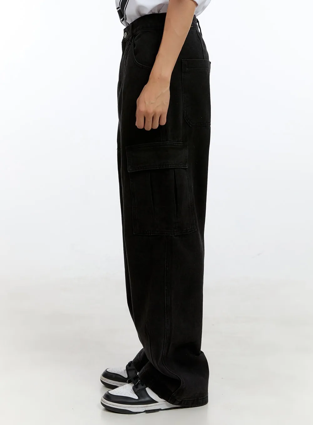 Men's Cargo Pocket Denim Wide-Leg Pants (Black) IG416