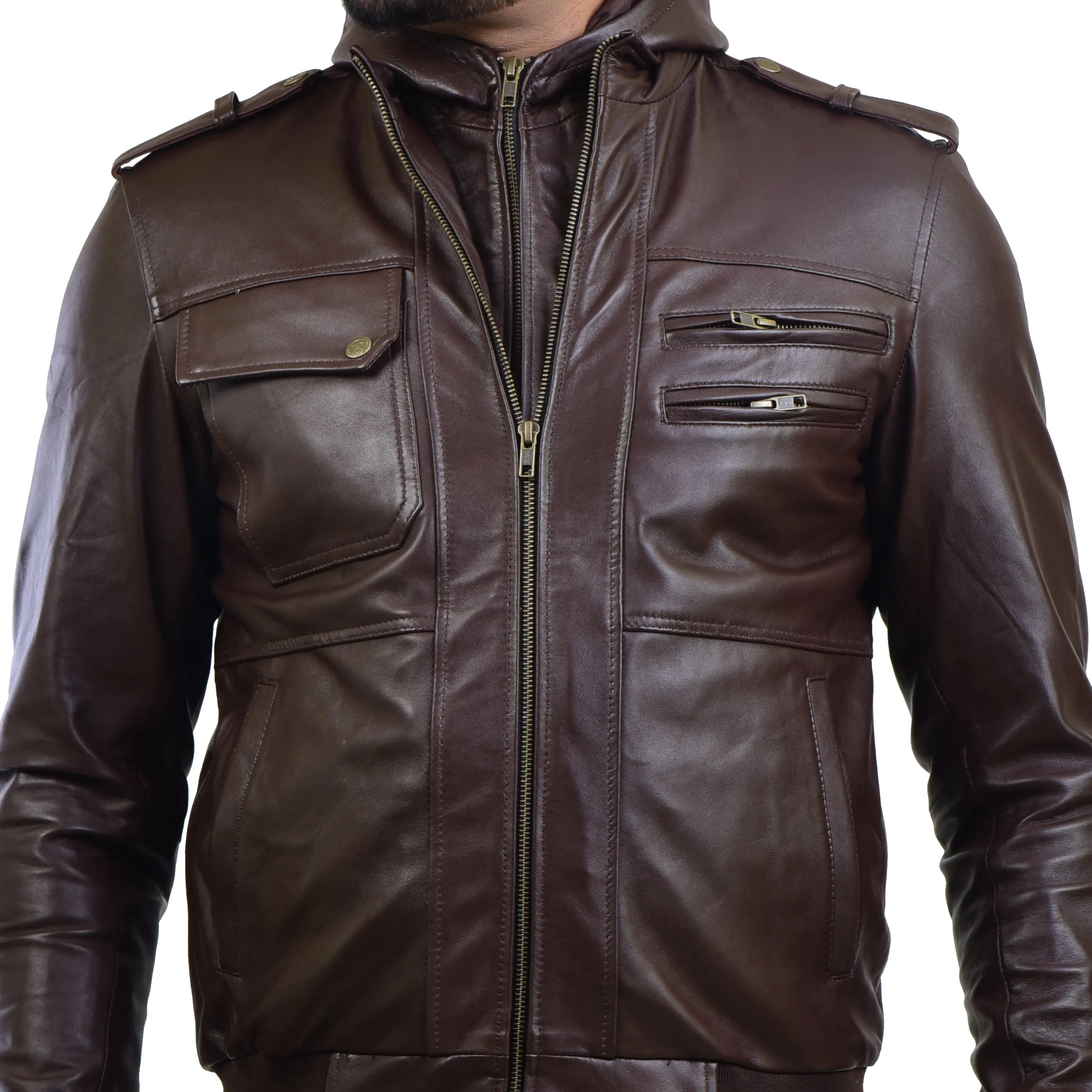 MENS LEATHER HOODED JACKET 410144(BLACK)