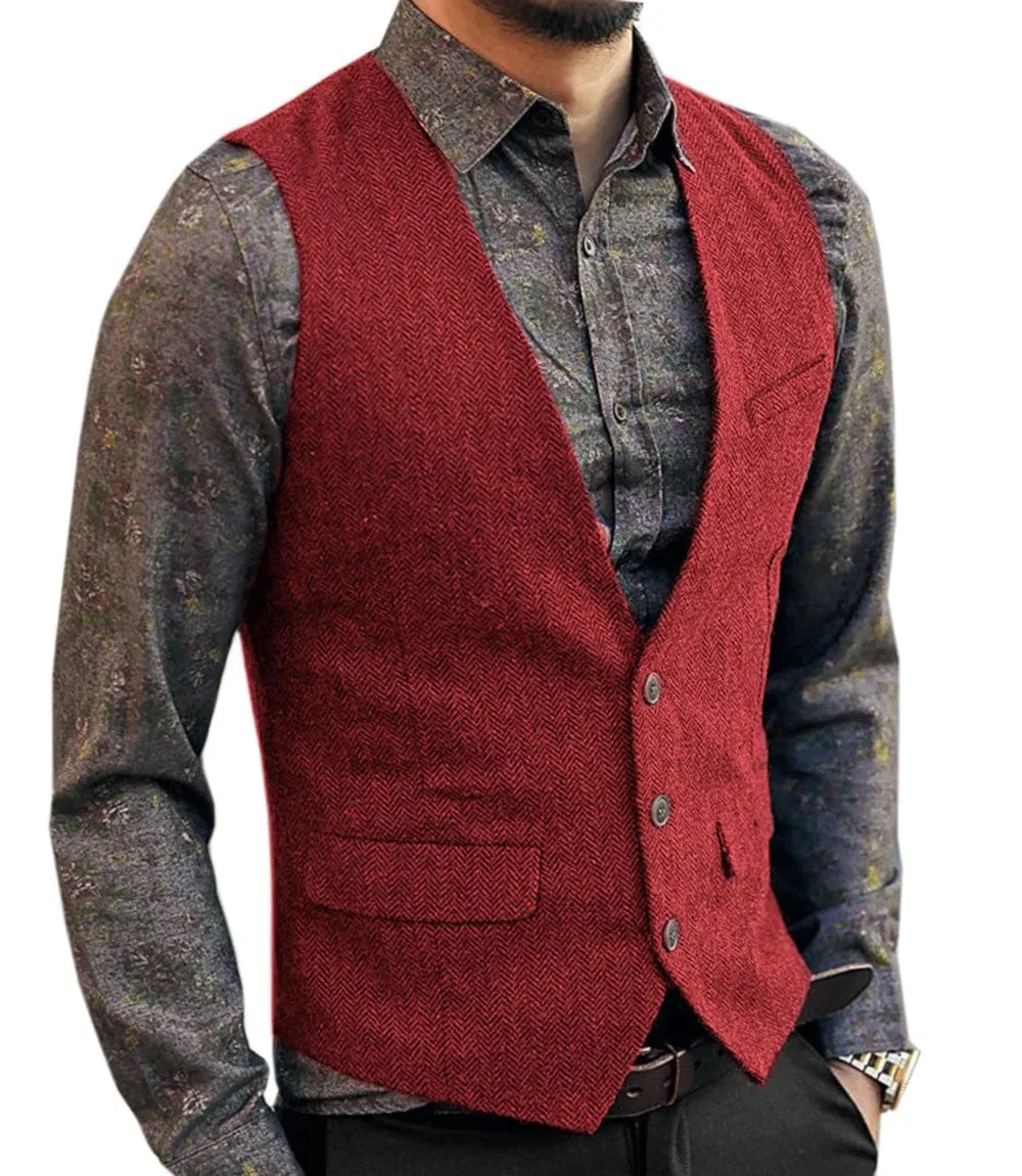 Men's Slim Fit V Neck Herringbone Waistcoat