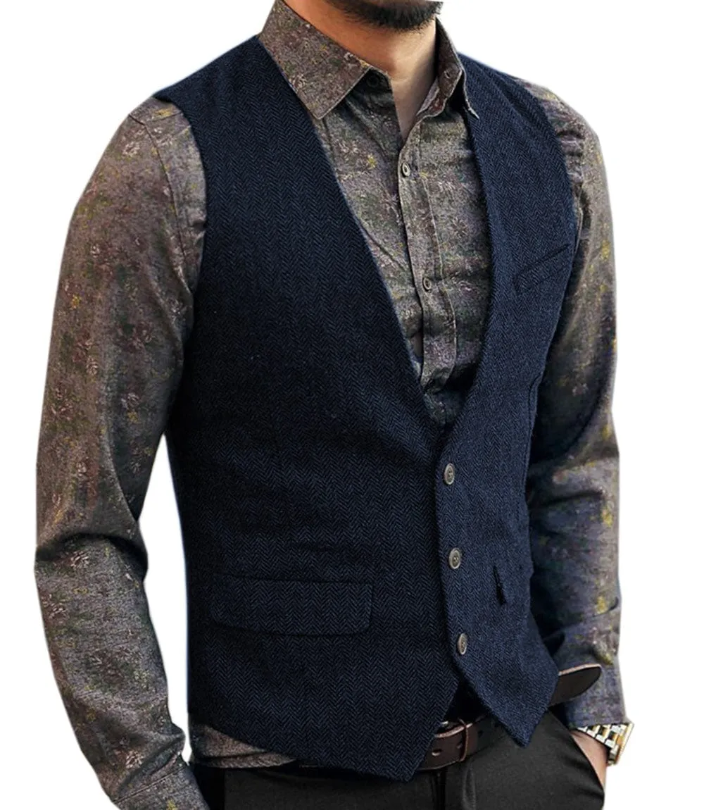 Men's Slim Fit V Neck Herringbone Waistcoat