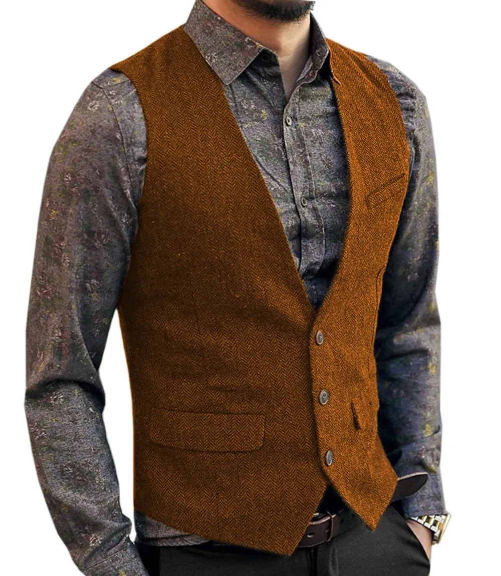 Men's Slim Fit V Neck Herringbone Waistcoat