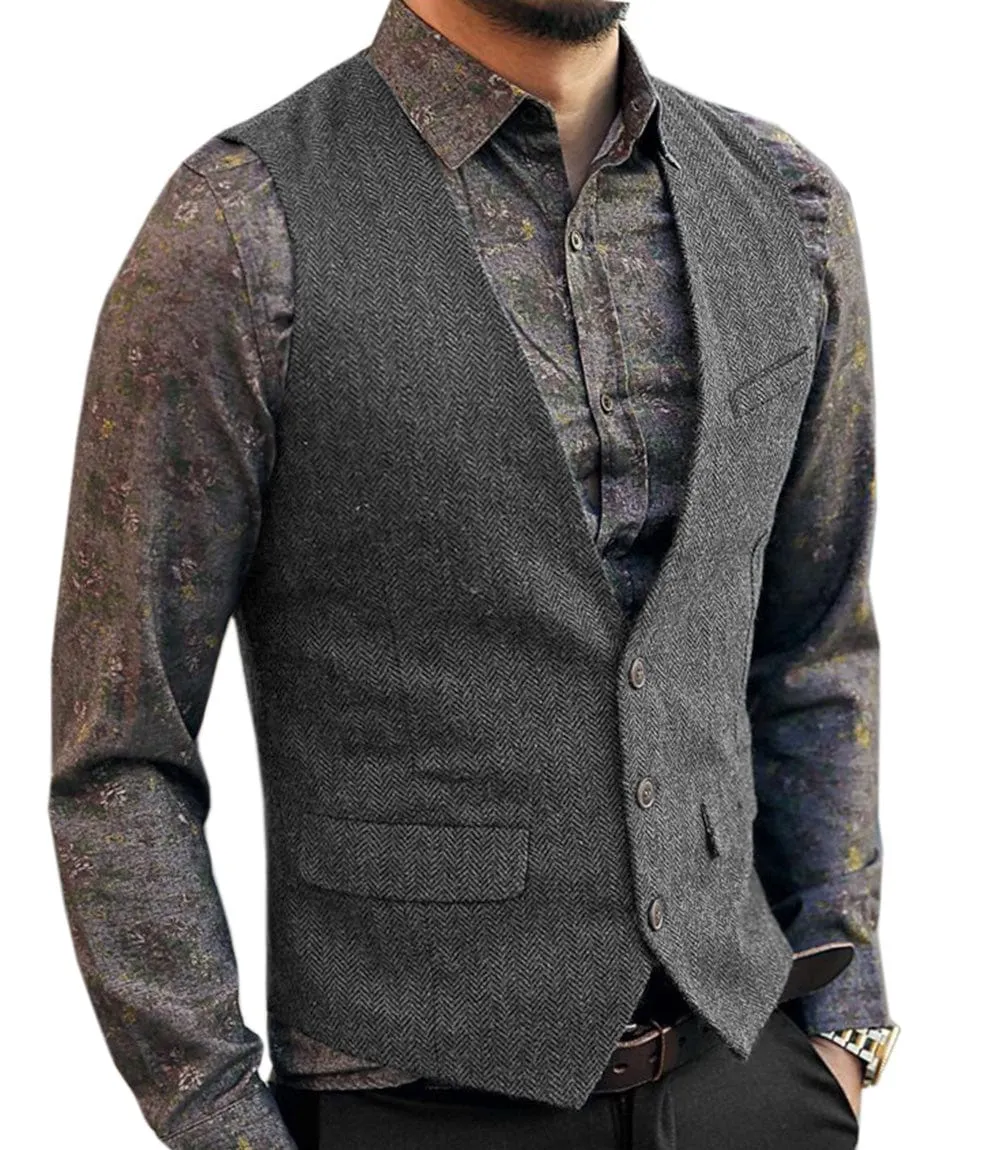 Men's Slim Fit V Neck Herringbone Waistcoat