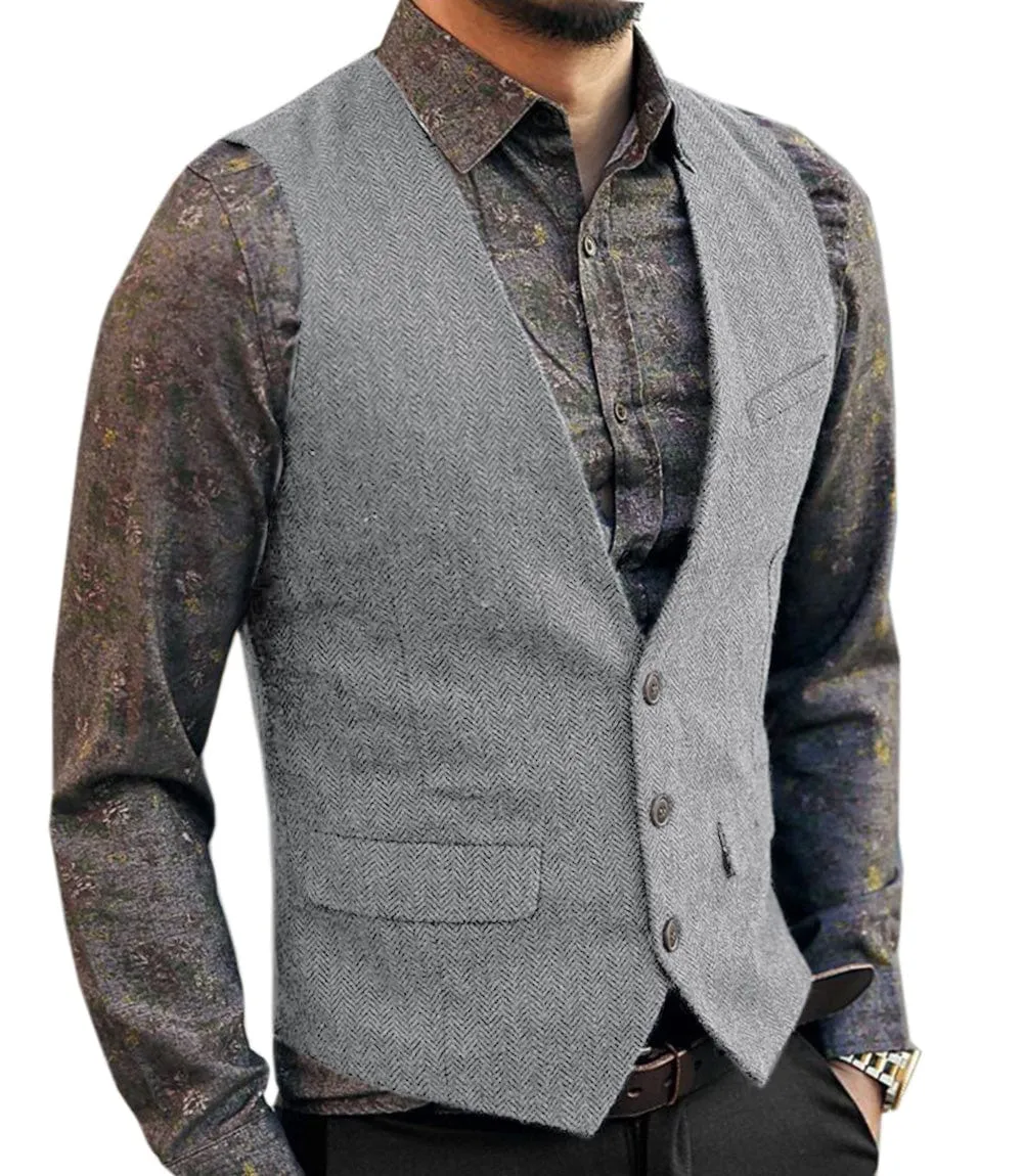 Men's Slim Fit V Neck Herringbone Waistcoat