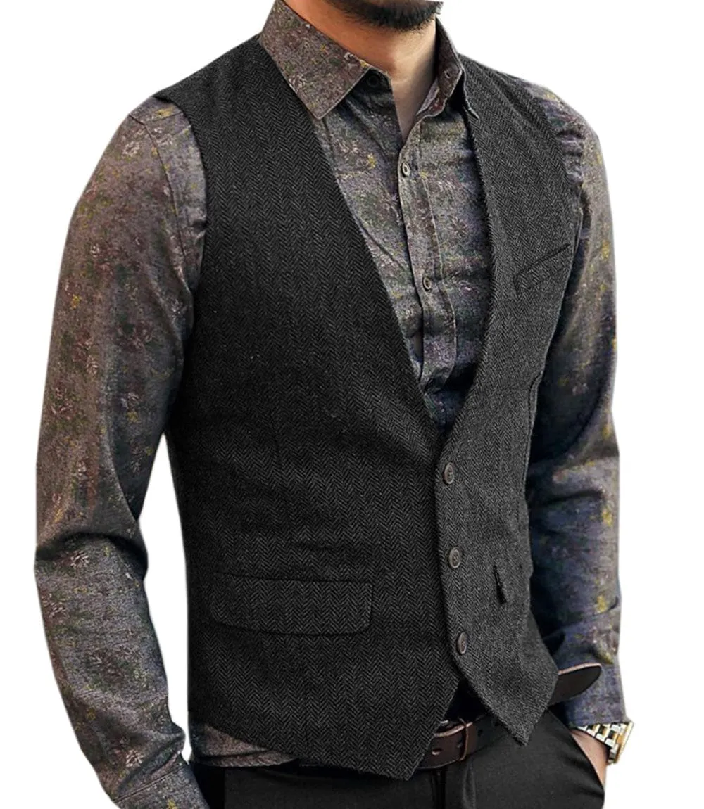 Men's Slim Fit V Neck Herringbone Waistcoat