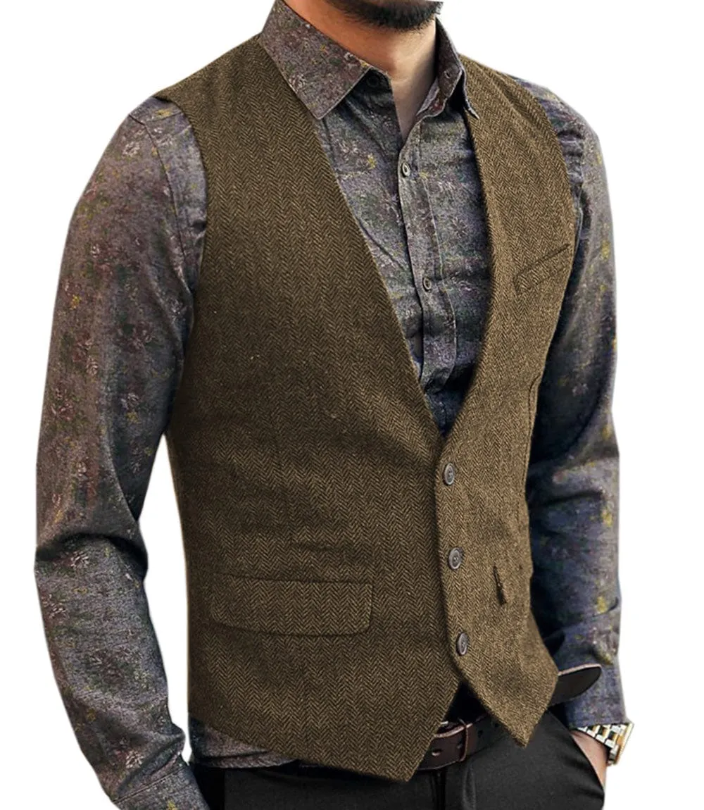 Men's Slim Fit V Neck Herringbone Waistcoat