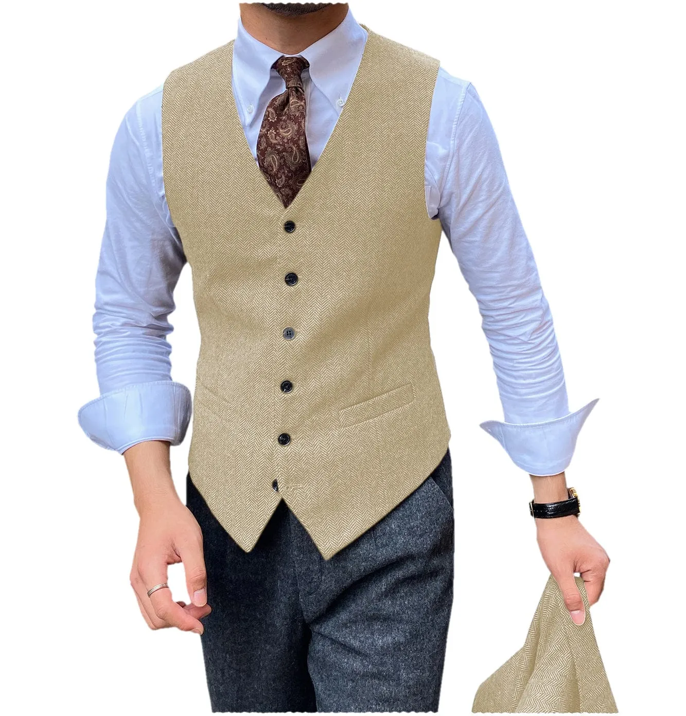 Men's v Neck  Classic  Herringbone Vest Slim