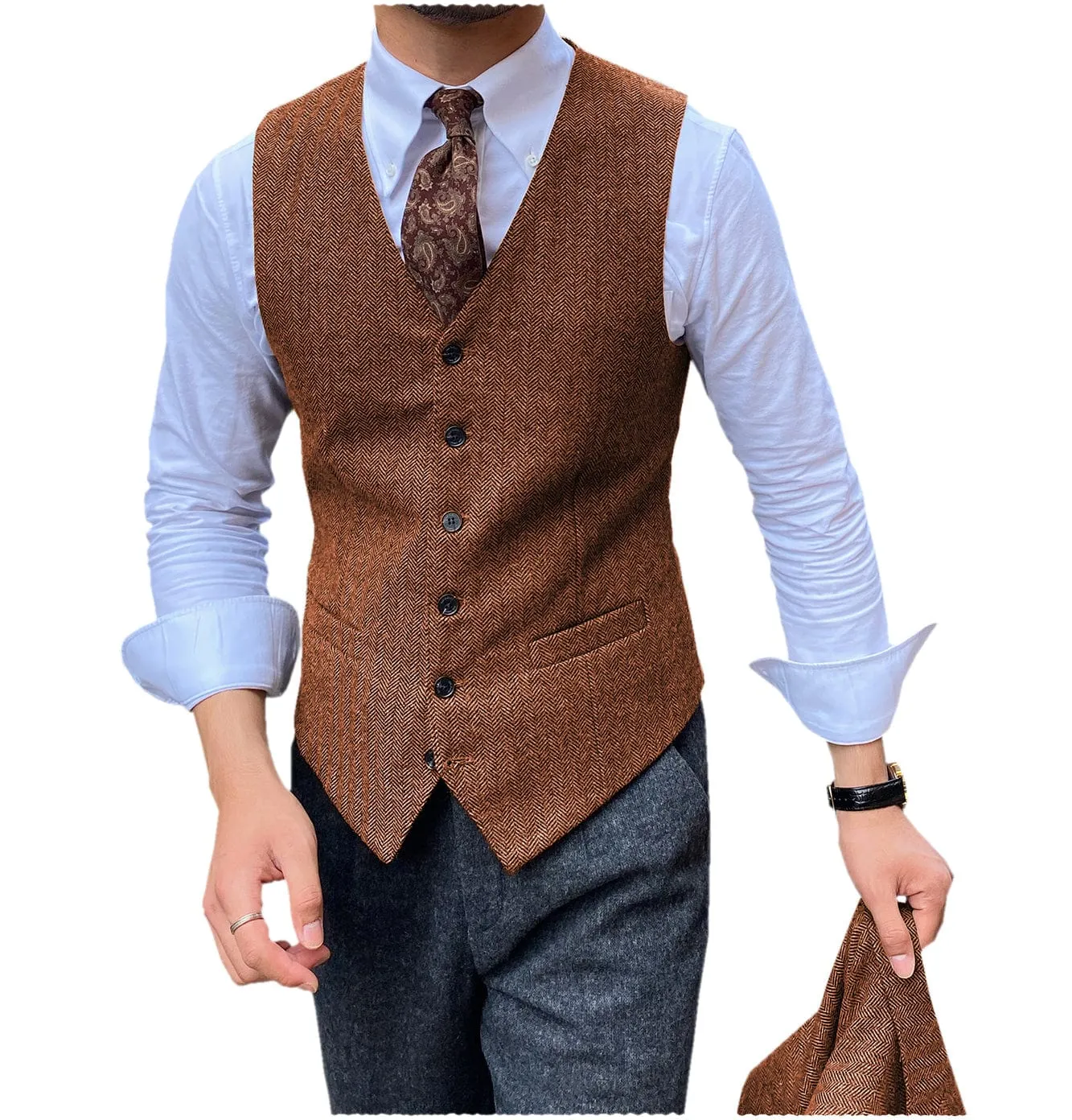 Men's v Neck  Classic  Herringbone Vest Slim