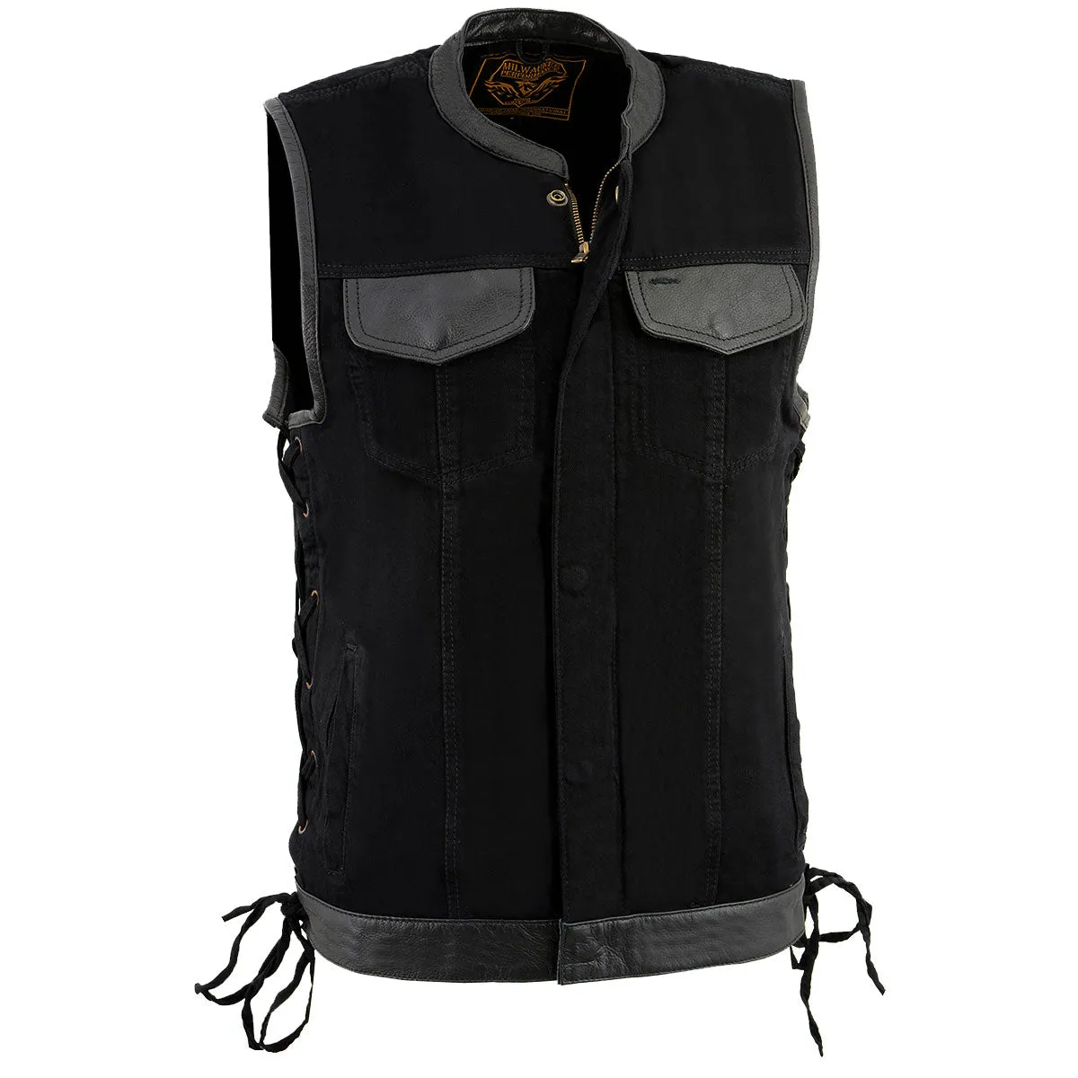 Milwaukee Leather MDM3011 Men's Black 'Hidden Zipper' Side Lace Motorcycle Rider Denim Vest w/ Leather Trim