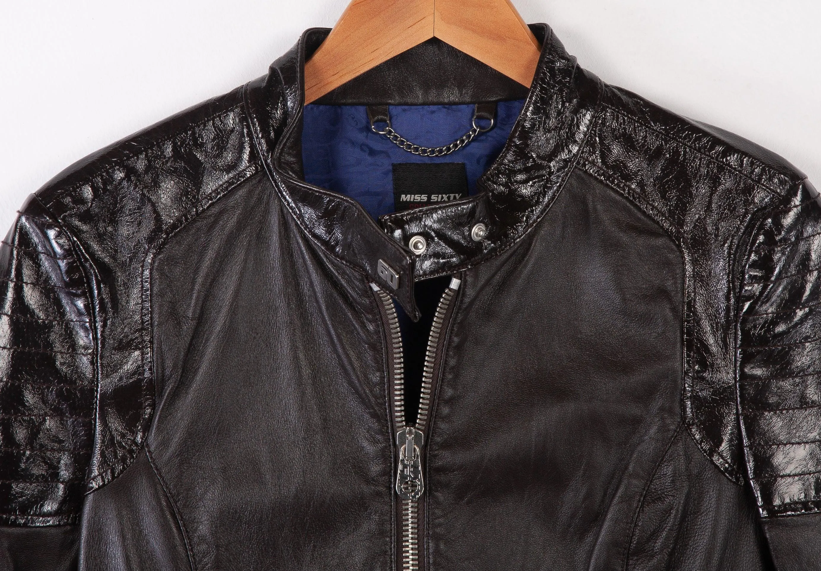 Miss Sixty Brown Biker Style Leather Jacket with Patent Accents Size M (UK 10)