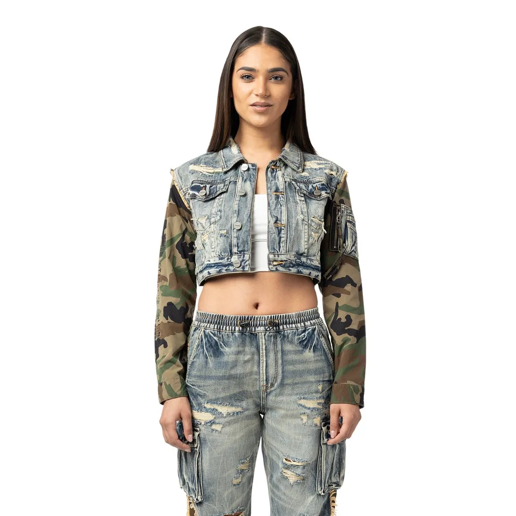 Mix Media Cropped Jean Jacket - Florence Blue