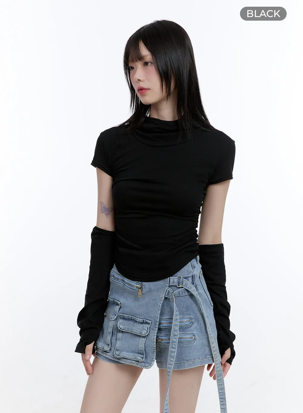 Mock Neck Crop Hoodie Top with Arm Warmers CG413