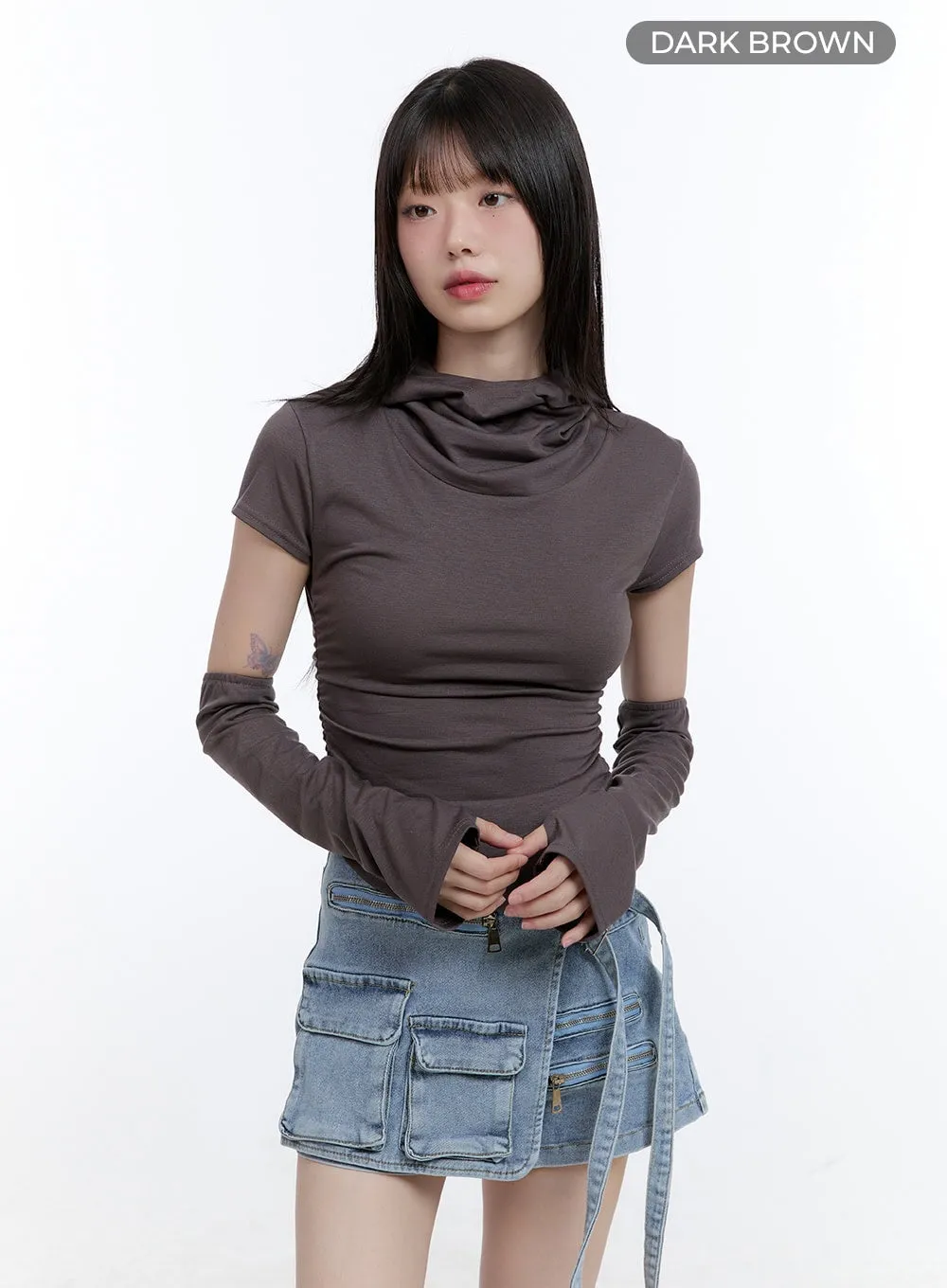 Mock Neck Crop Hoodie Top with Arm Warmers CG413