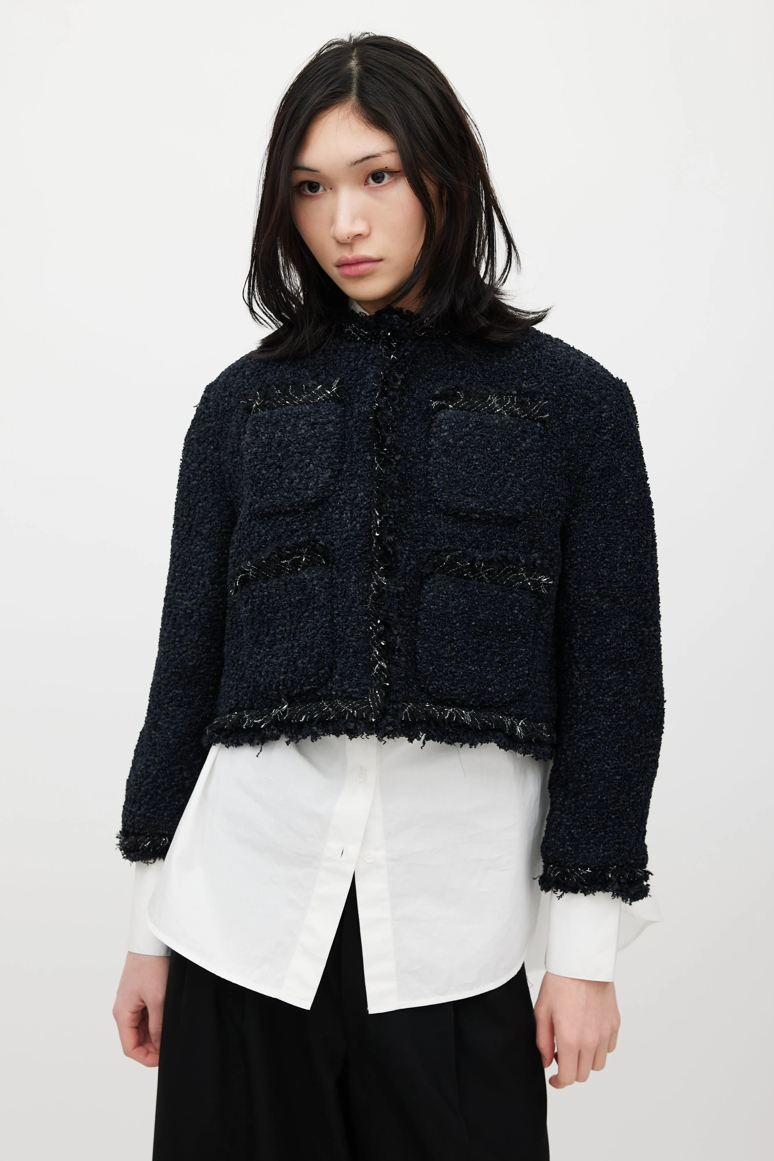 Navy Cropped Tweed Jacket