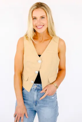 NEW!! Crystal Button Down Cropped Vest in Tan