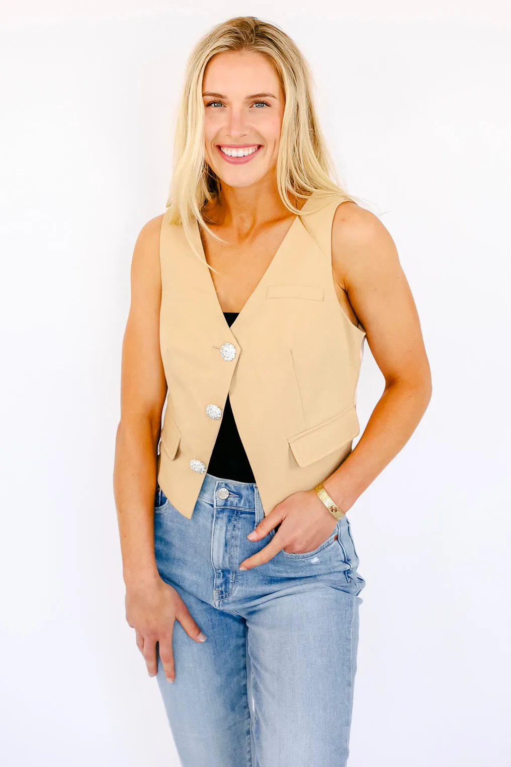 NEW!! Crystal Button Down Cropped Vest in Tan