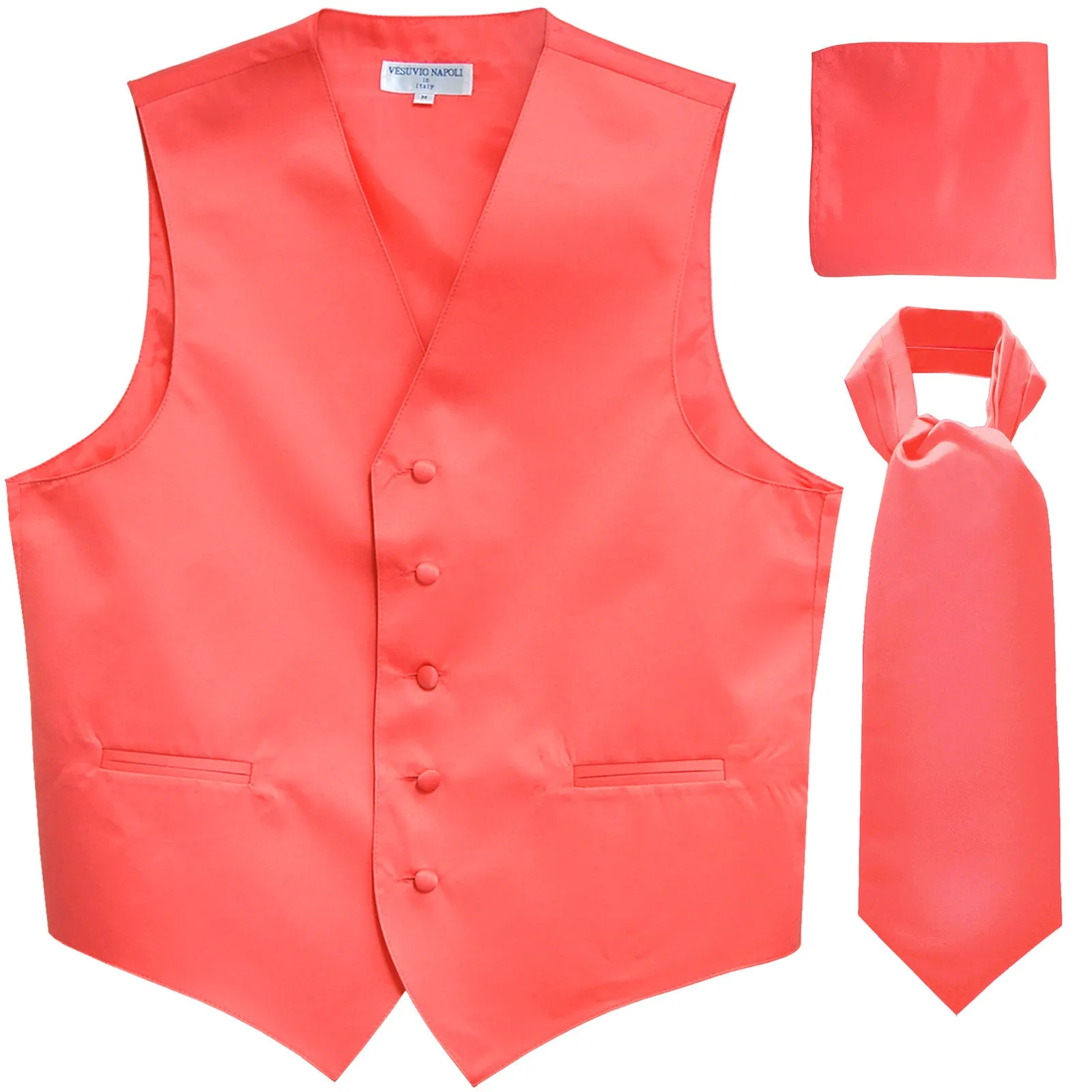 New Men's formal vest Tuxedo Waistcoat ascot hankie set wedding prom coral