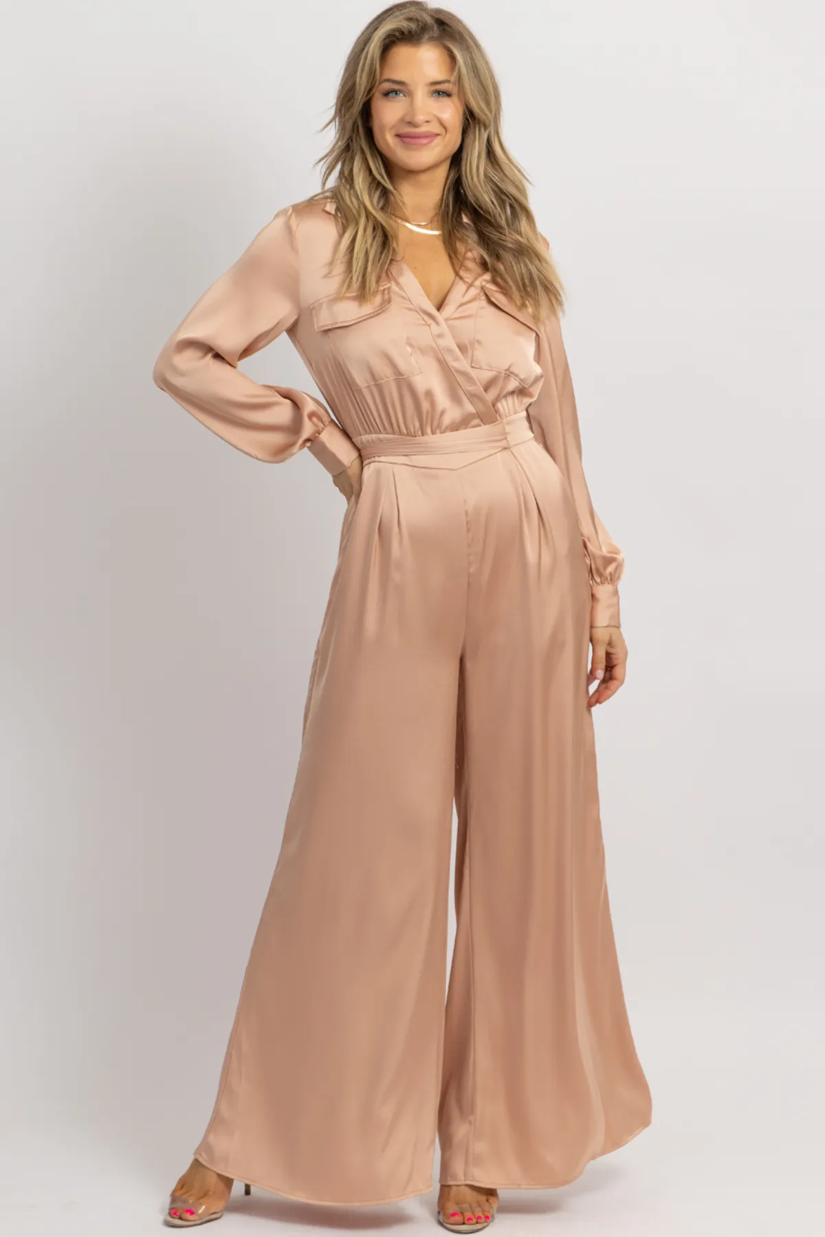 NUDE SATIN LONGSLEEVE WIDE LEG JUMPSUIT