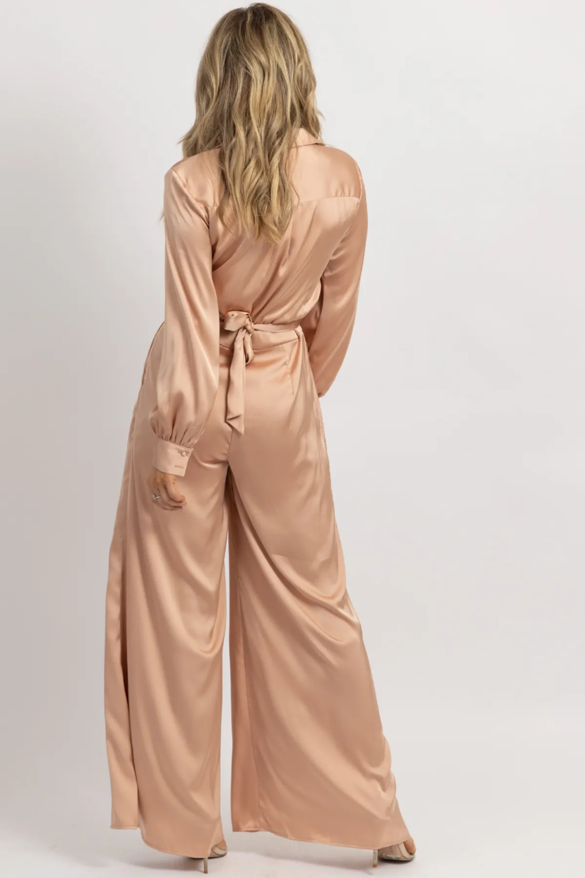 NUDE SATIN LONGSLEEVE WIDE LEG JUMPSUIT