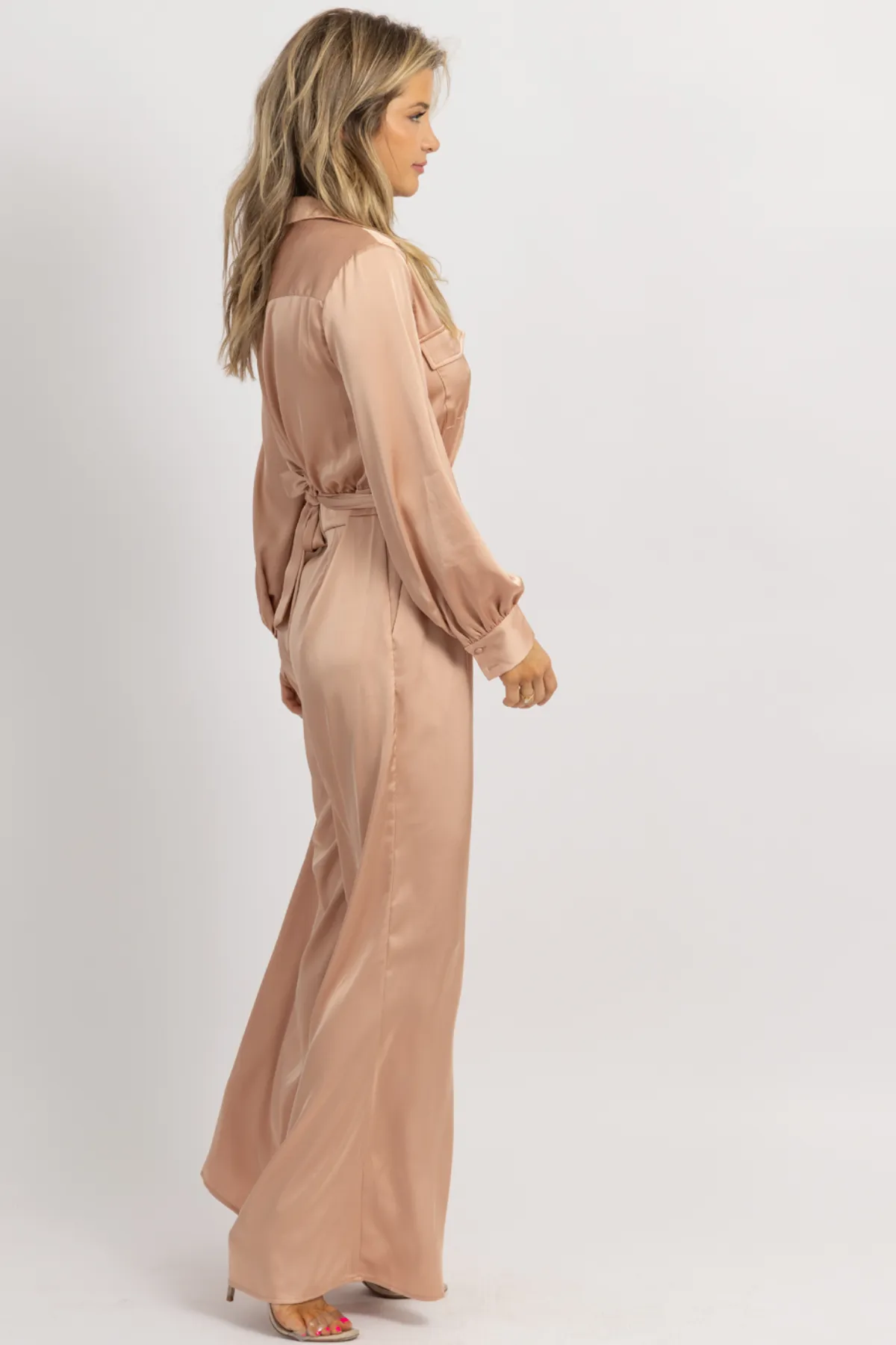 NUDE SATIN LONGSLEEVE WIDE LEG JUMPSUIT