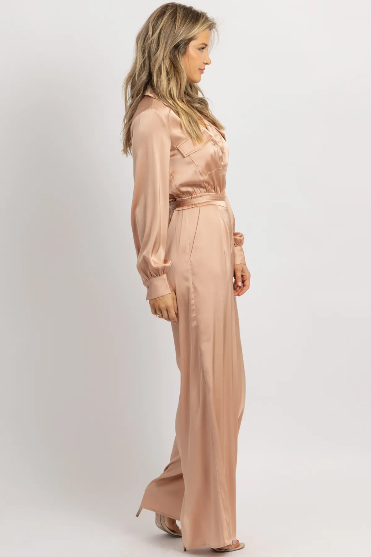 NUDE SATIN LONGSLEEVE WIDE LEG JUMPSUIT