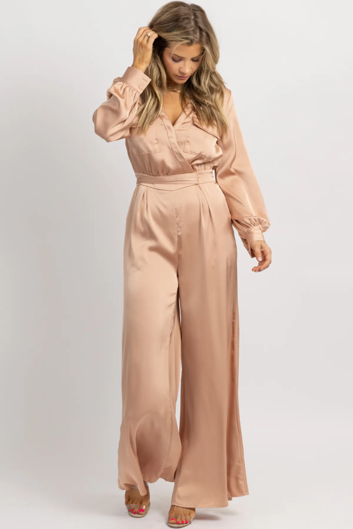 NUDE SATIN LONGSLEEVE WIDE LEG JUMPSUIT