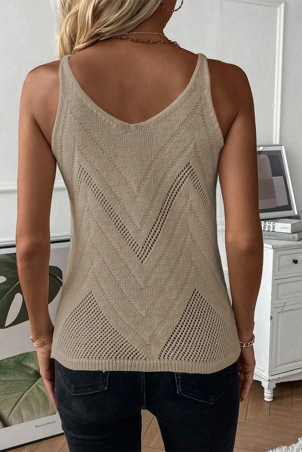 Parchment Chevron Pointelle Knit Spaghetti Straps Sweater Vest