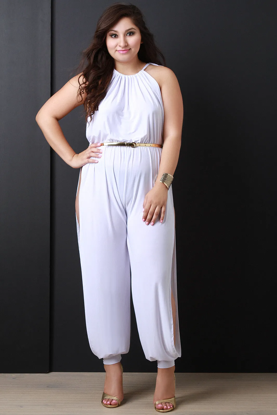 Plus Size Slit Harem Belted Jumpsuit