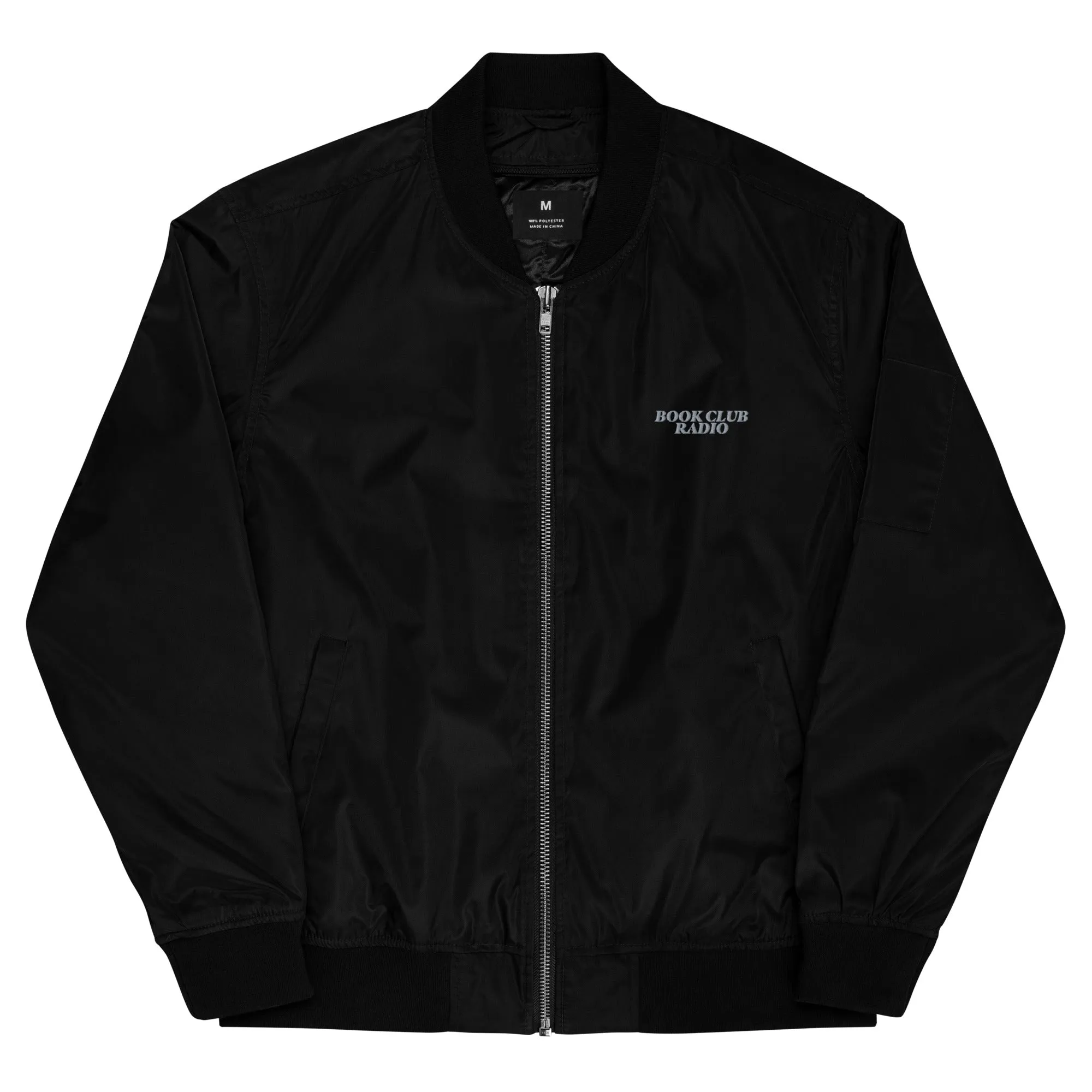 "No Phones" Embroidered Black Bomber Jacket