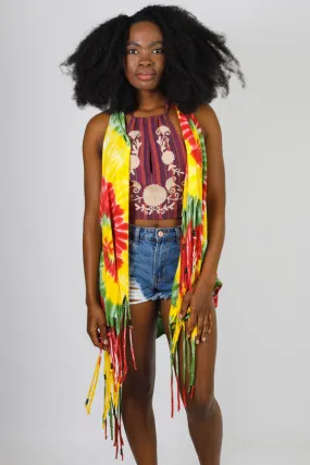 Rasta Swirls Tie-Dye Fringed Waterfall Vest with Beads