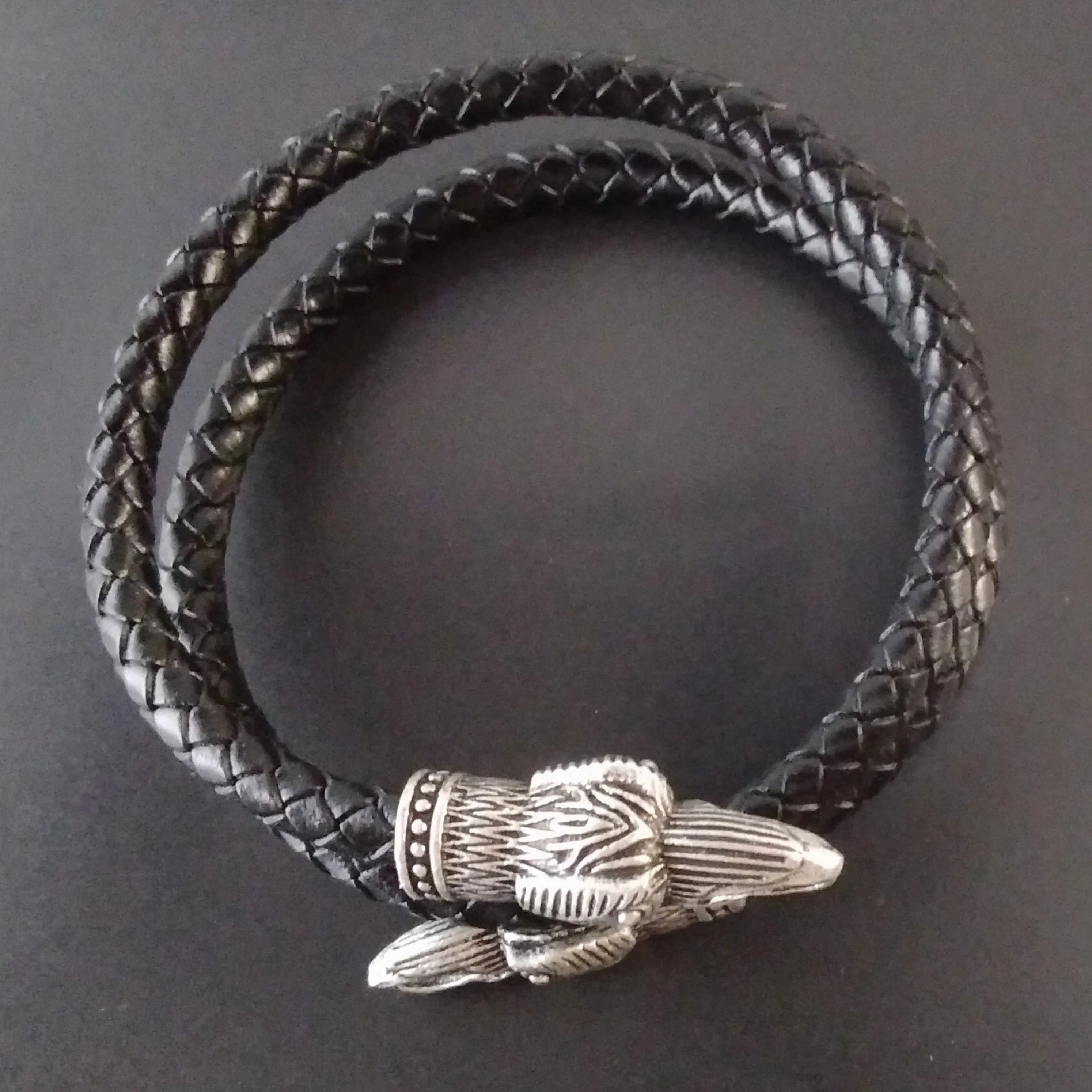 Raven Bracelet Torc Arm Ring Silver Black Leather