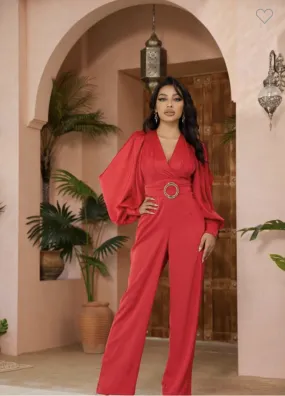 Red Arm Slit Jumpsuit